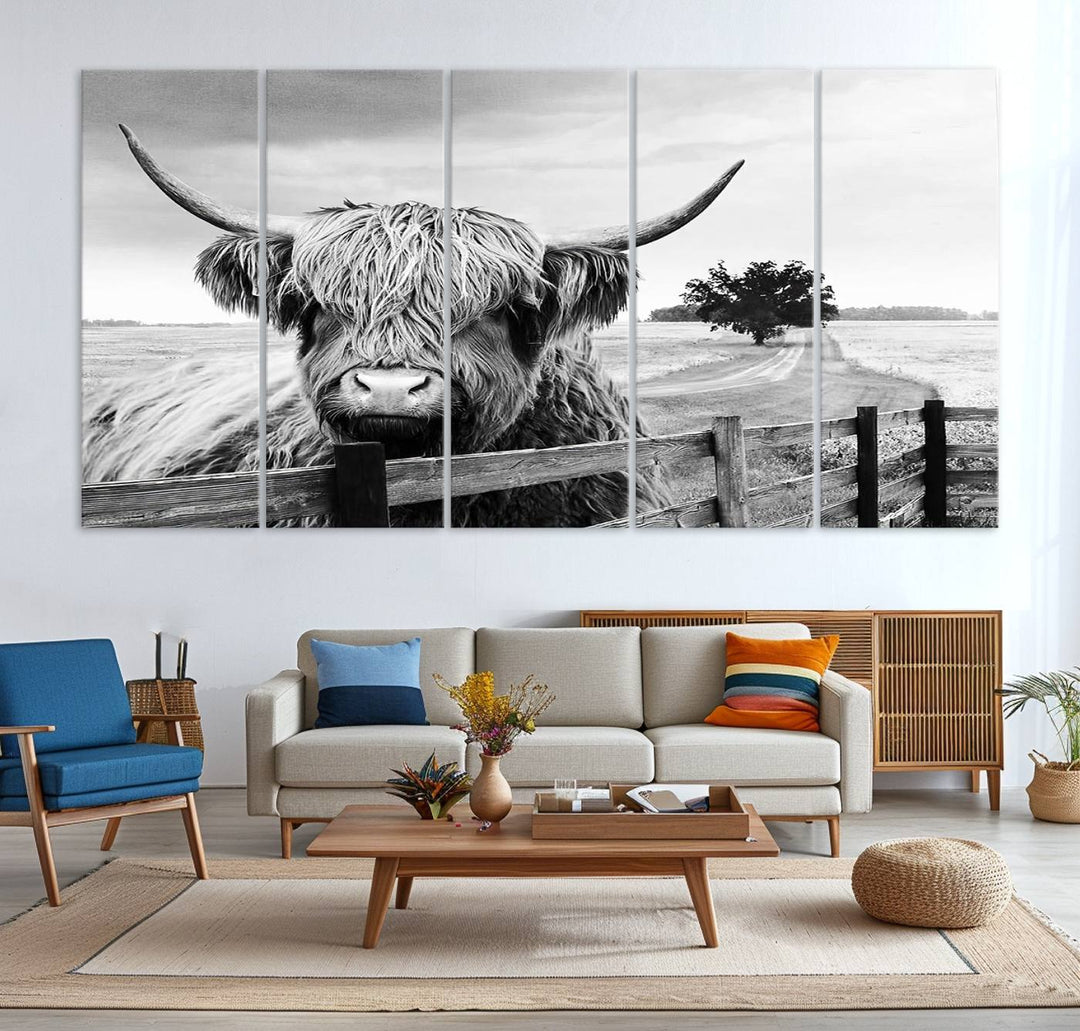 Scottish Highland Cow Wall Art | Rustic Farmhouse Décor | Black and White Ready to Hang Canvas Print