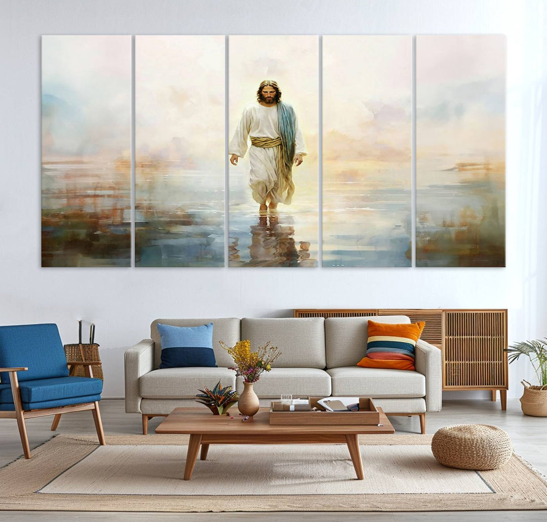 Framed Jesus Walking on Water Wall Art - 3-Panel Christian Canvas Prints, Religious Artwork, Ready to Hang Home Decor for Living Room, Office, or Church