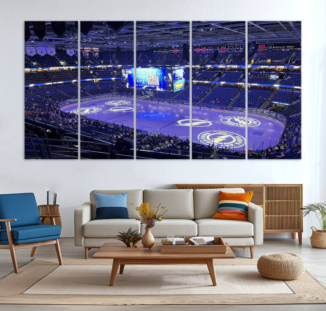 The wall art canvas print at Amalie Arena features team logos on ice, encapsulating the vibrant atmosphere of an NHL hockey stadium.