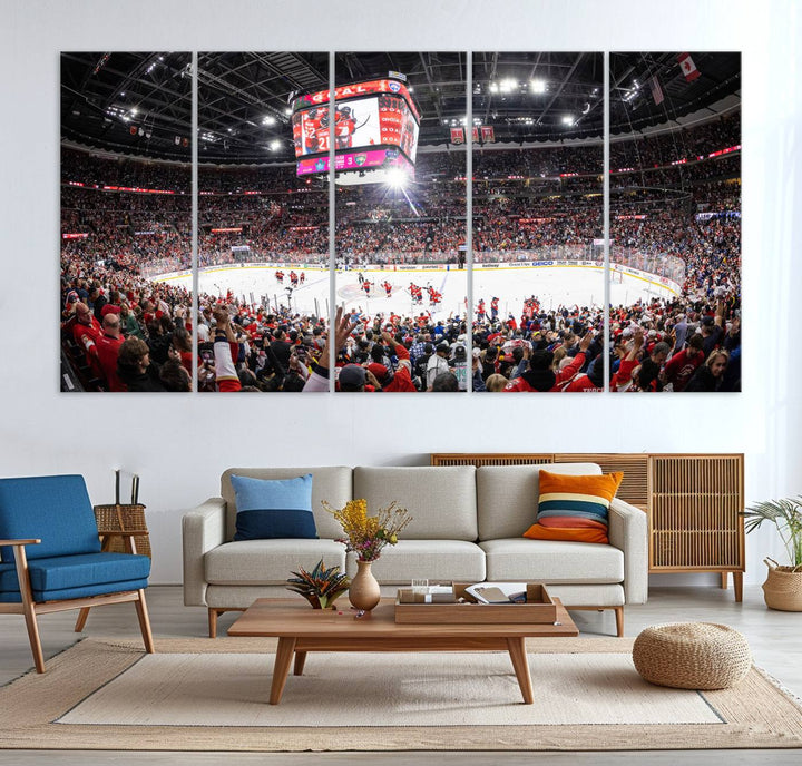 The wall art, a high-quality basketball arena canvas, evokes the excitement of fans cheering at the Amerant Bank Arena.