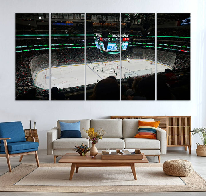 The Dallas Stars Wall Art Canvas Print is as clear as the scoreboard stats at a hockey game in a large arena with bright lights.