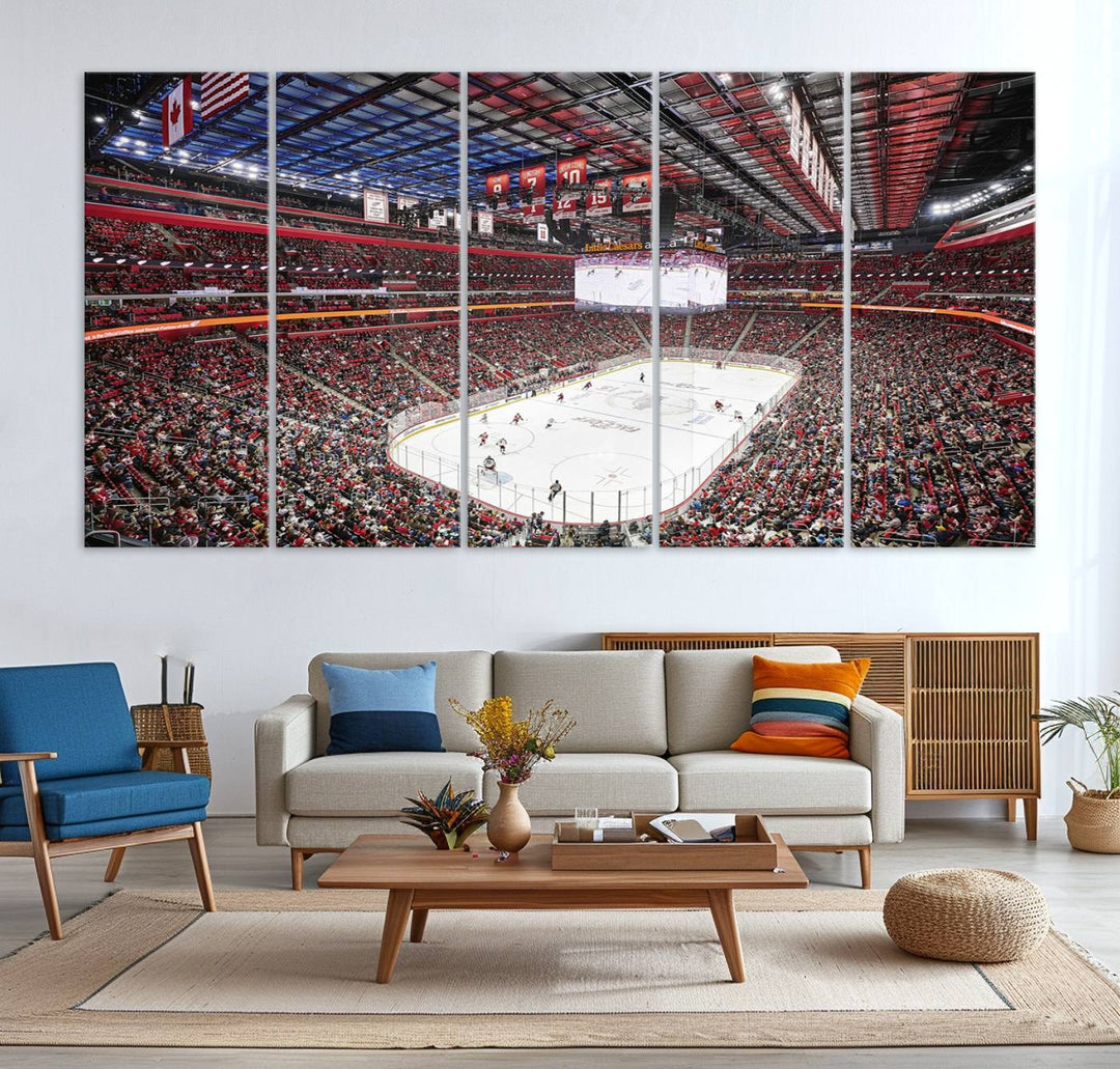 A Barton Malow canvas depicting Little Caesars Arena from above is beautifully printed in high resolution for your wall.