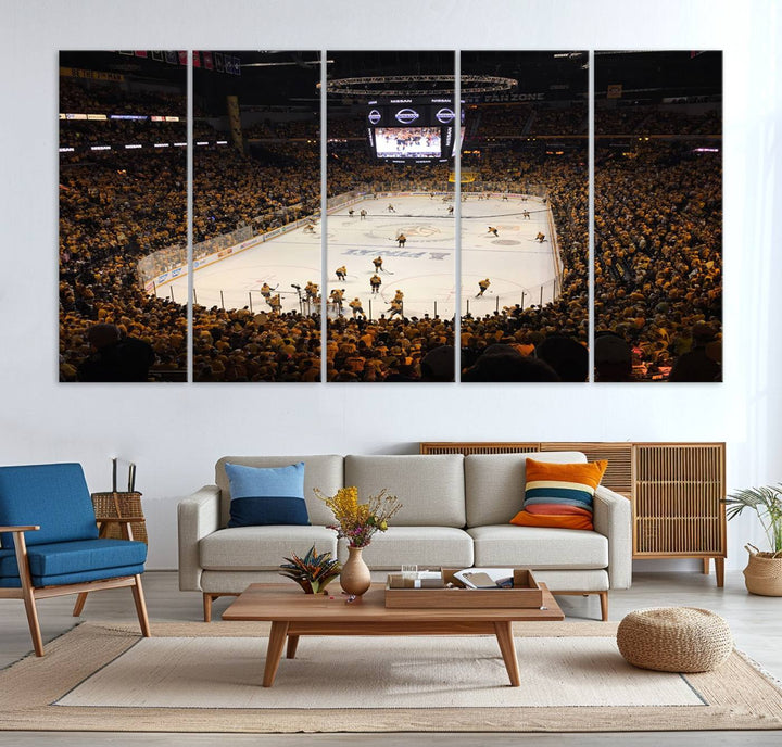 A captivating triptych canvas print, titled "Bridgestone Arena - Nashville Predators Hockey Team Print," adorns the wall. This Nashville wall art canvas print is perfect for Predators fans who appreciate sports-themed decor.