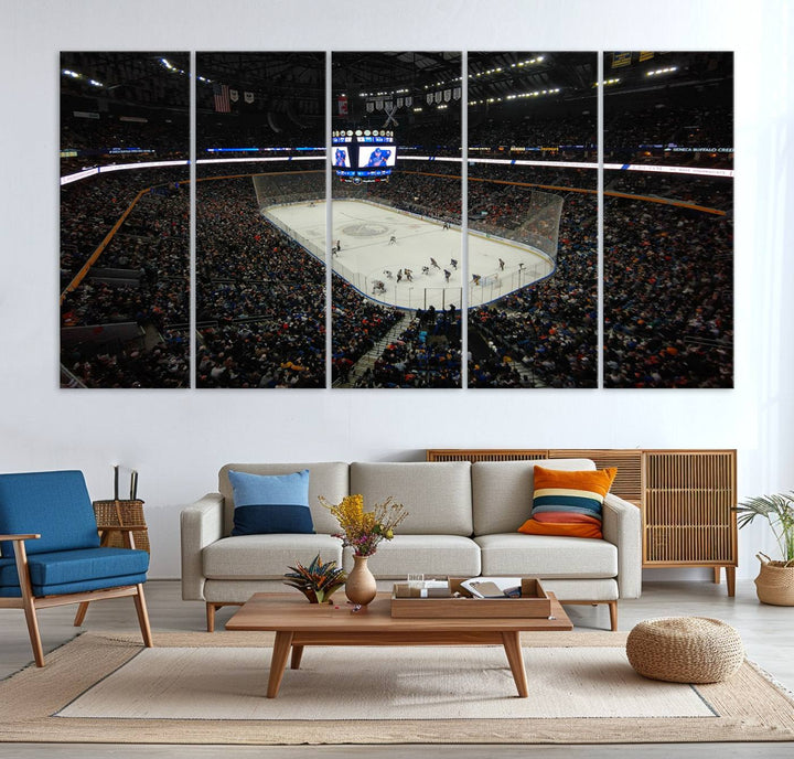 The nautical-themed room is enhanced by the KeyBank Center New York Buffalo Sabres Hockey Stadium Wall Art Canvas Print, a three-panel depiction of a bustling hockey arena with a gallery-quality finish. This canvas artwork, handmade in the USA, introduces an element of sporting elegance to your decor.