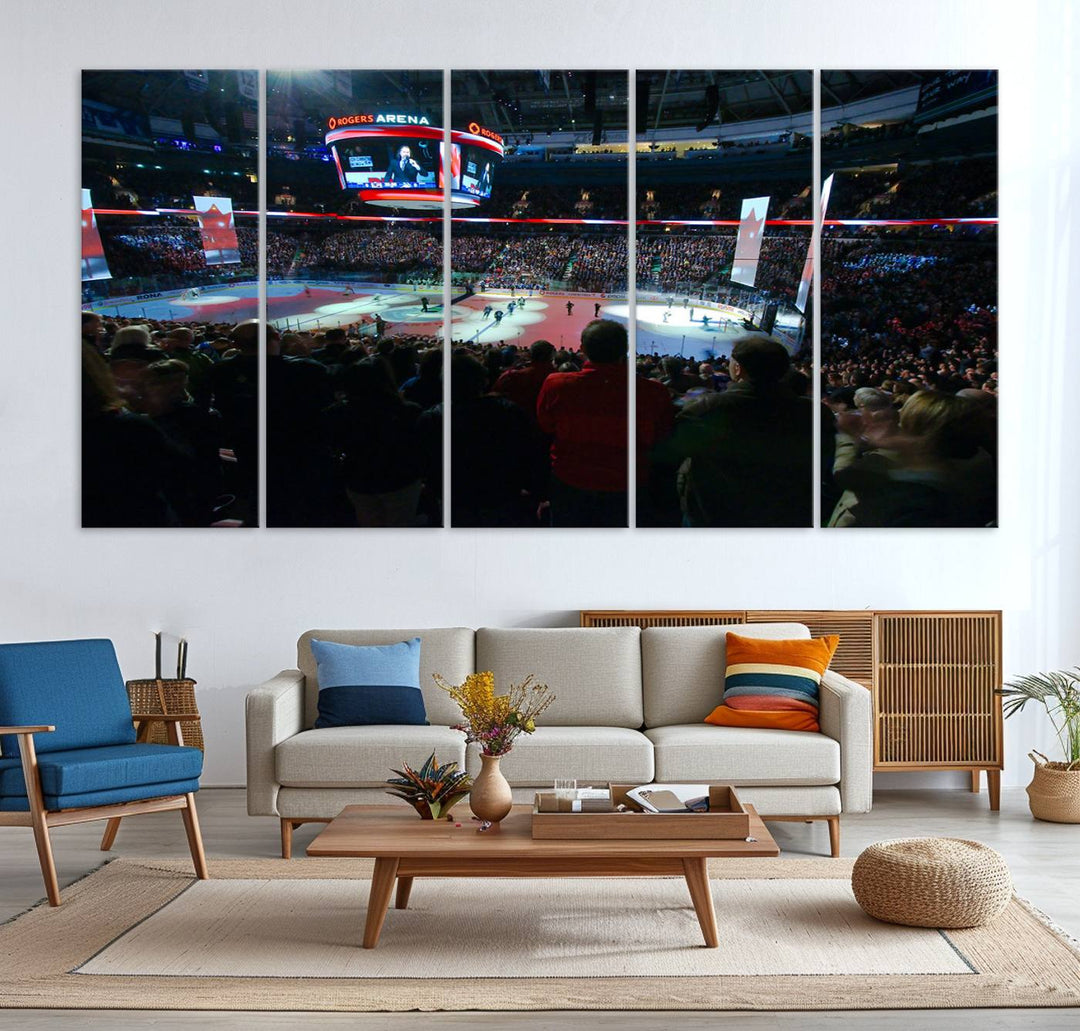 Experience the intense atmosphere of a full-capacity ice hockey game at Rogers Arena, home of the Vancouver Canucks, captured on museum-quality canvas.