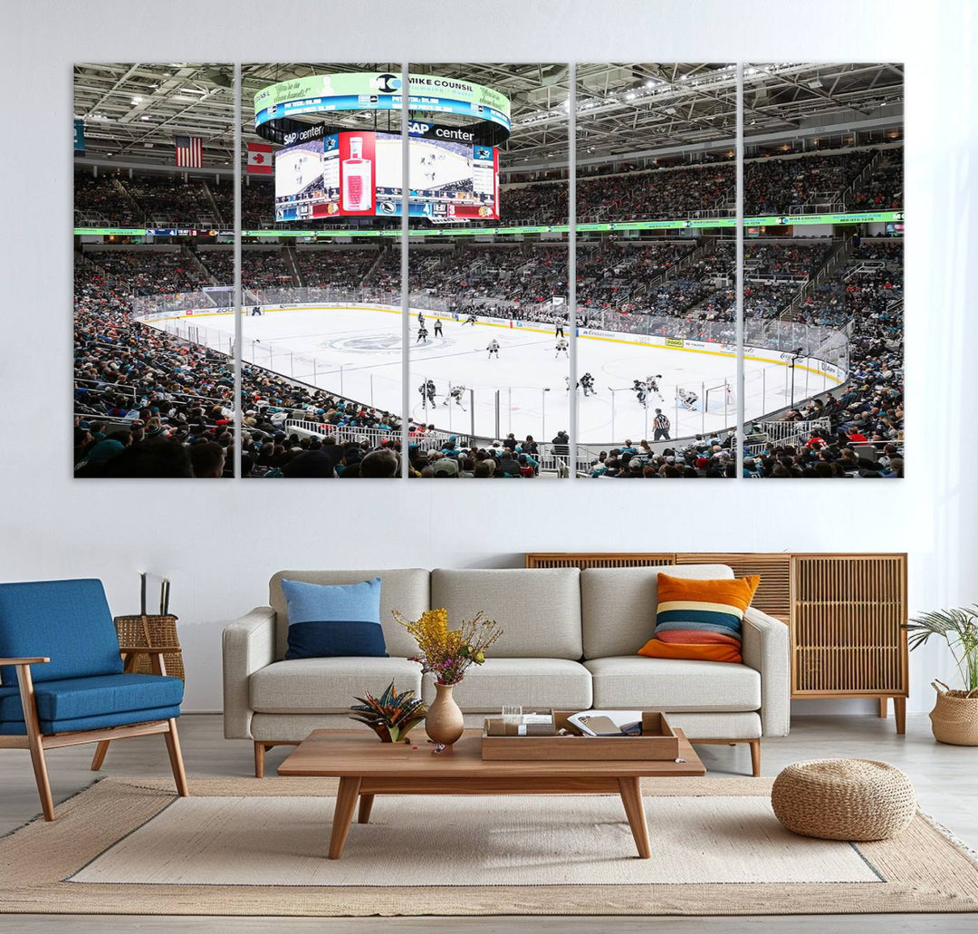 A packed ice hockey arena buzzes with energy as players glide on the ice and a large screen displays scores. The indoor decor features Sharks Arena Blackhawks Sharks Ice Hockey Stadium Wall Art Canvas Prints, creating an unexpected yet charming sporting atmosphere reminiscent of a gallery.