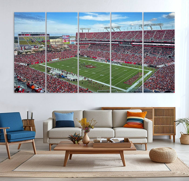 The Florida Tampa Raymond James Stadium Wall Art Canvas Print is featured above the cabinet.