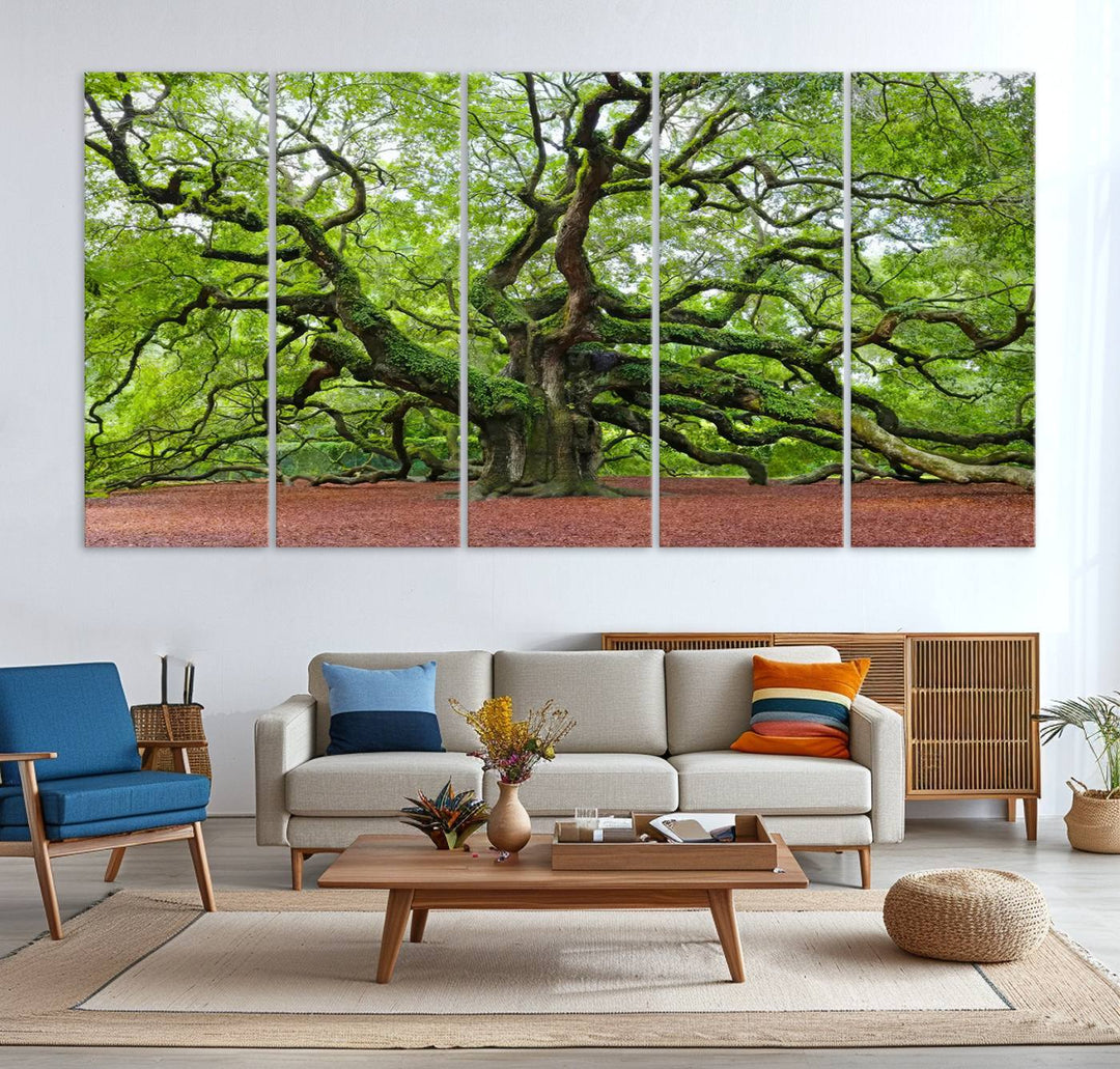 Framed Angel Oak Tree Wall Art - 3-Panel Canvas Prints, Large Green Nature Artwork, Ready to Hang Home Decor for Living Room, Office, Bedroom