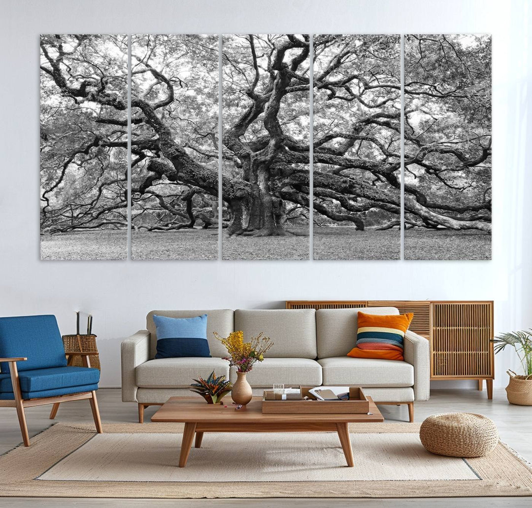 Black White Angel Oak Tree Wall Art - Timeless Nature-Inspired Canvas for Rustic, Modern, or Traditional Home Decor