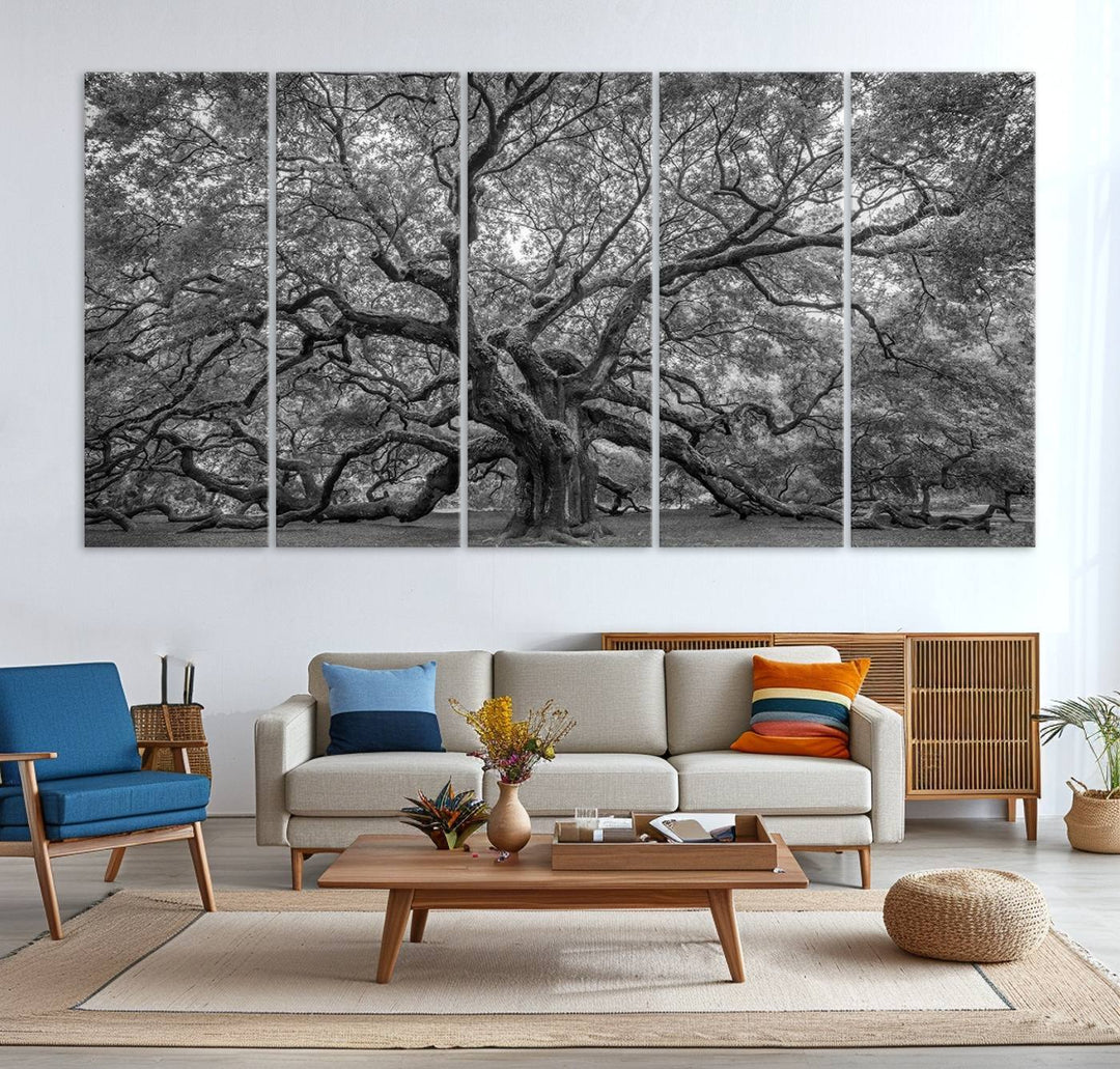 Majestic Angel Oak Tree Black and White Canvas Print – Multi Panel Wall Art, Giclée Print, Ready to Hang Nature Photography for Home Decor