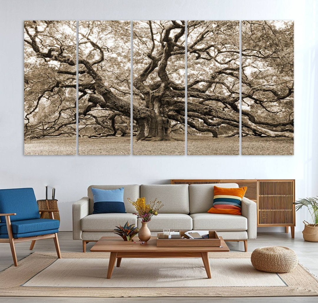 Displayed on the wall is a Sepia-framed Angel Oak Tree 3-panel canvas.