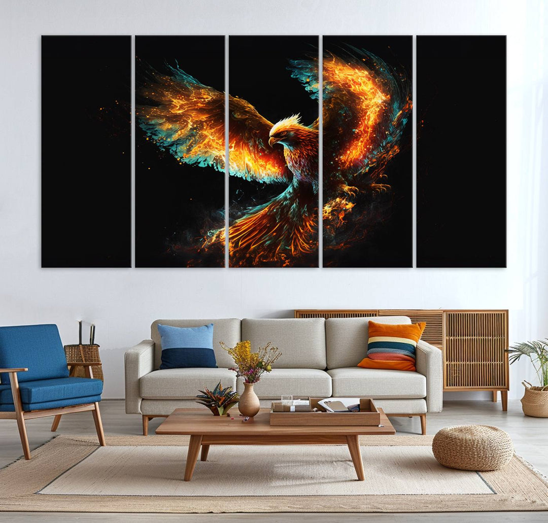 Fiery Phoenix Canvas Print | Ready to Hang Wall Art | Bold Fantasy Decor for Living Room | Majestic Bird Artwork