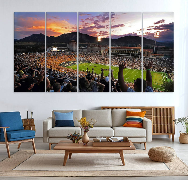 The Folsom Field Stadium Print beautifully captures the Colorado Buffaloes stadium at sunset, set against a stunning mountain backdrop.