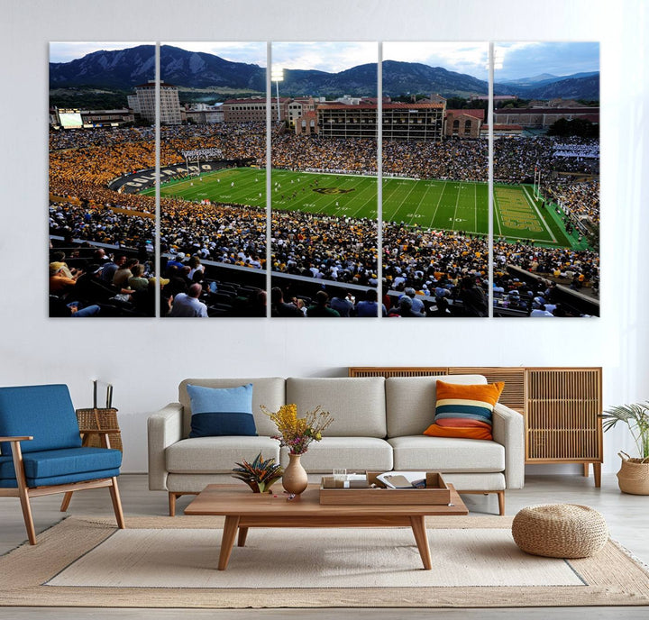 A canvas print captures the Colorado Buffaloes at Folsom Field, framed by mountains in the background.