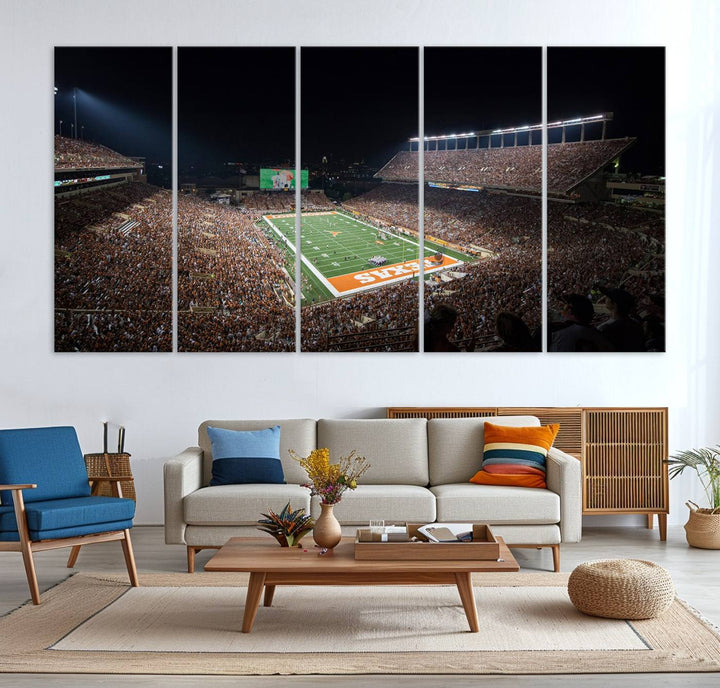 A football game at a packed stadium is captured on the University of Texas Longhorns Stadium Canvas Print.