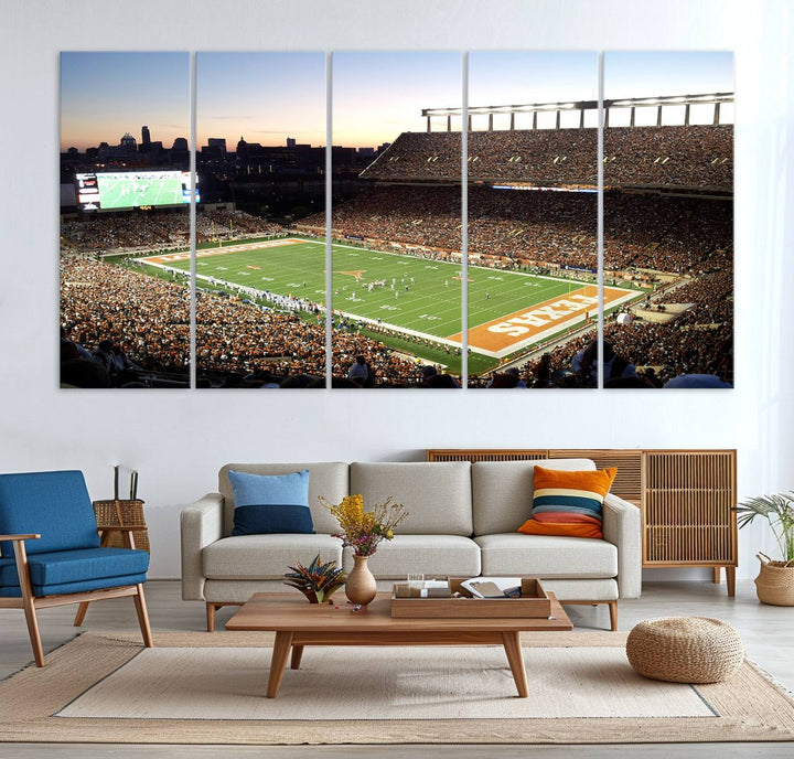 The Evening Game canvas art captures a glowing sunset and skyline at Texas Longhorns Darrell K Royal Stadium.