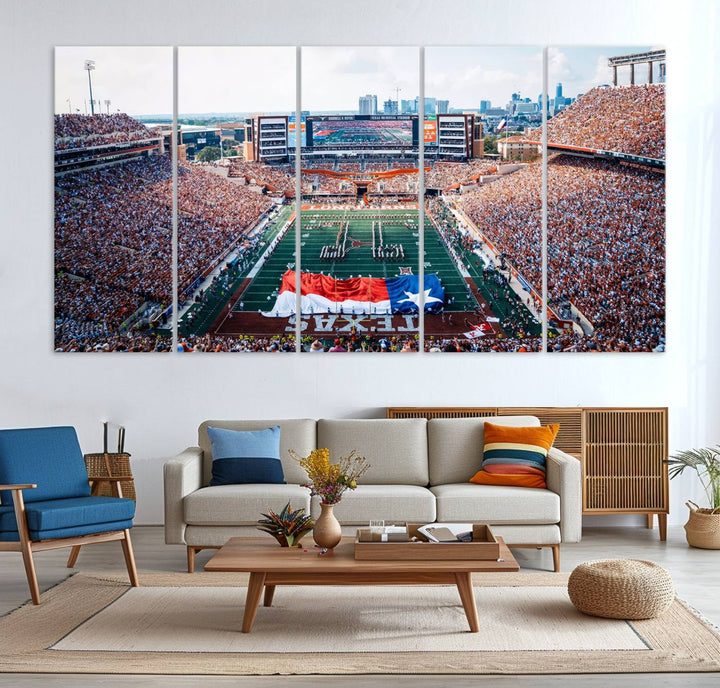 University of Texas Longhorns canvas: A premium print depicting Darrell K Royal-Texas Memorial Stadium with the city skyline and Texas flag.