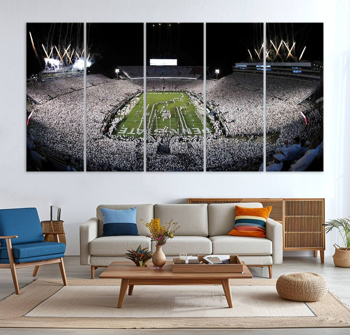 Wide-angle print of a packed stadium with fireworks, ideal gallery-quality wall art - Penn State Nittany Lions Canvas.