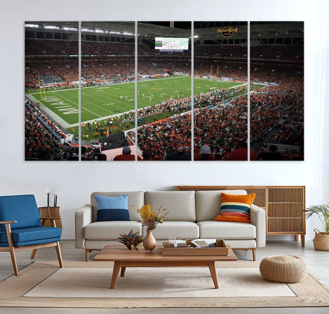 Aerial view of a Miami Hurricanes game at Hard Rock Stadium captured on canvas print, showcasing the teams on the field and fans in the stands.