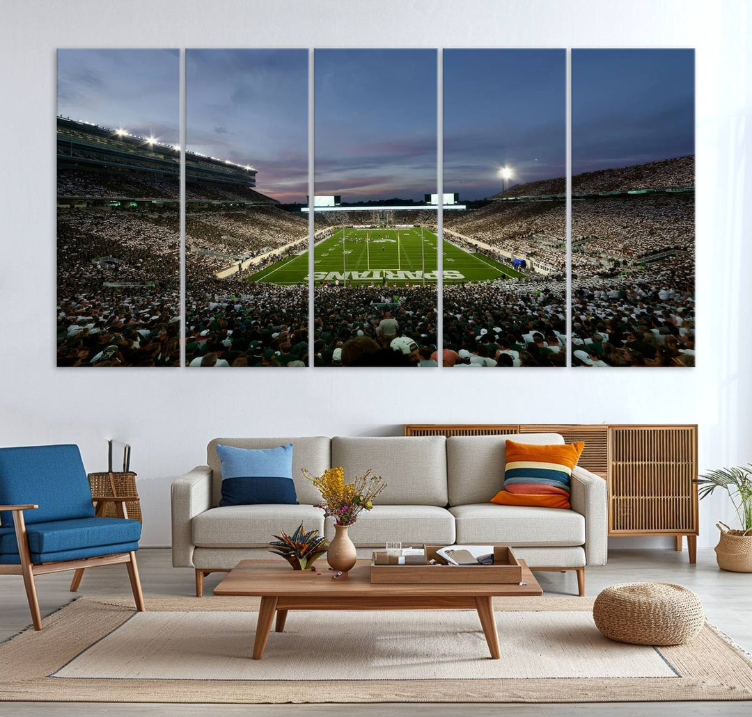 Wall art featuring a stadium at dusk with full stands—ideal for the Michigan State Spartans Football Team Canvas Print.