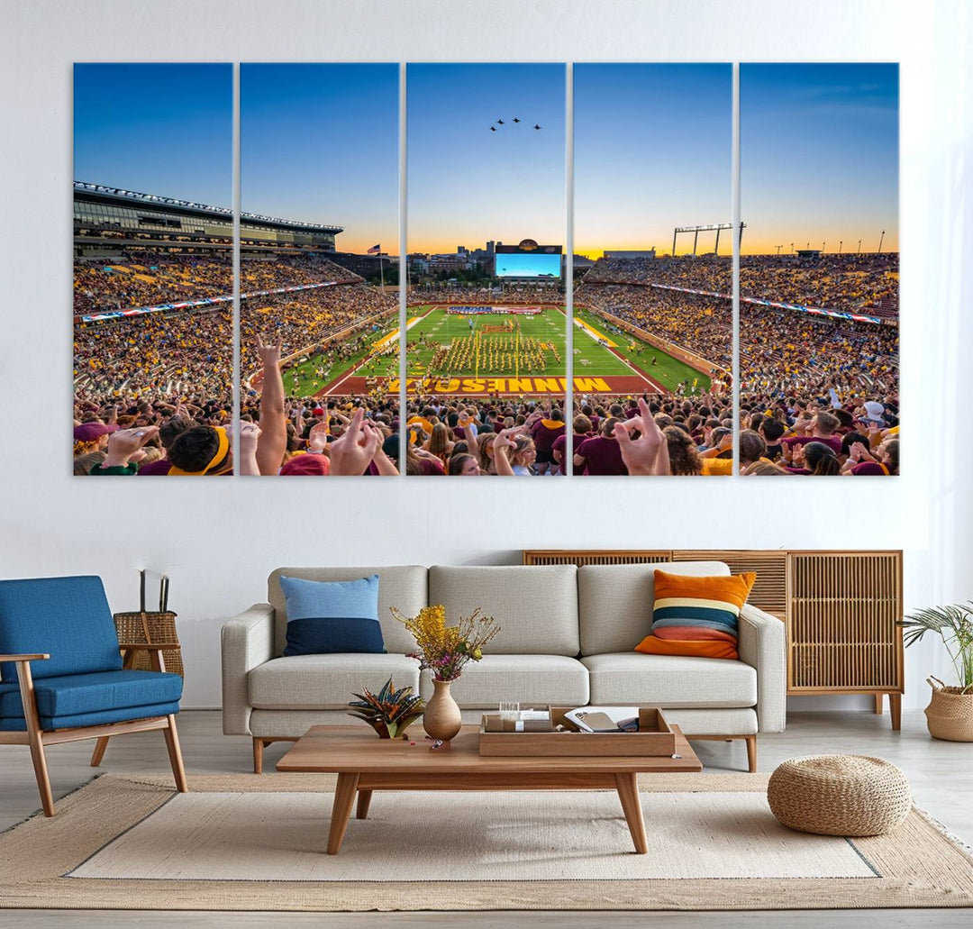 Canvas wall art featuring the University of Minnesota Football Team print, showcasing Huntington Bank Stadium at sunset with jets overhead.