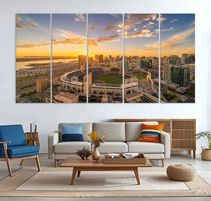 Petco Park Sunset Triple Canvas Wall Art - San Diego Cityscape and MLB Game - Home of the San Diego Padres