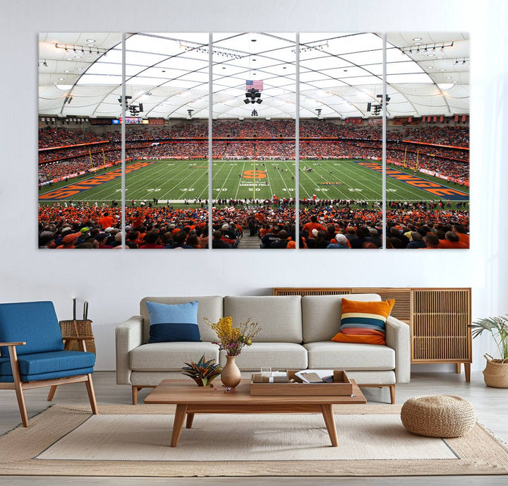 Fans fill the Syracuse JMA Wireless Dome, highlighted in orange and blue under a vaulted roof on this premium canvas print of the scene.