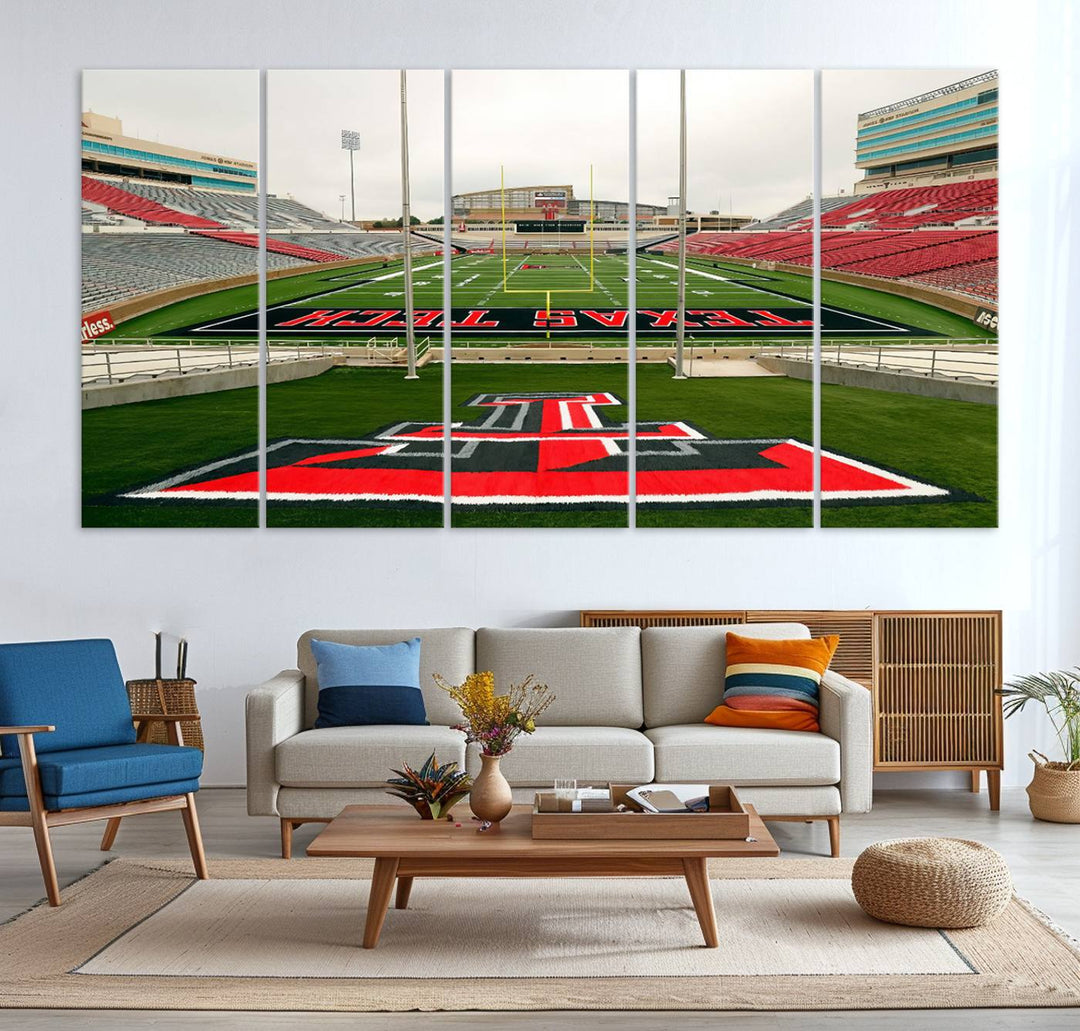 Gallery-quality print of Lubbock Jones AT&T Stadium featuring the Texas Tech Red Raiders field, highlighted by red and gray bleachers.