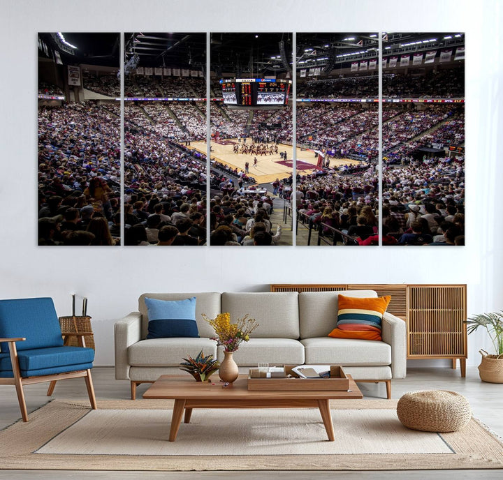 The Nebraska Basketball Arena Wall Art Canvas features an arena filled with Cornhuskers fans and players beneath a scoreboard.