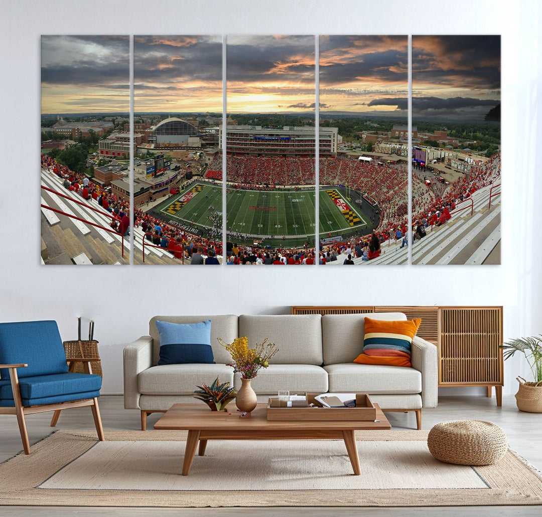 The University of Maryland Terrapins Football Team Print features SECU Stadium at sunset with vibrant skies.