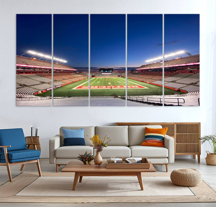 A large SHI Stadium at dusk, ideal for a Rutgers Scarlet Knights Football Team canvas print.