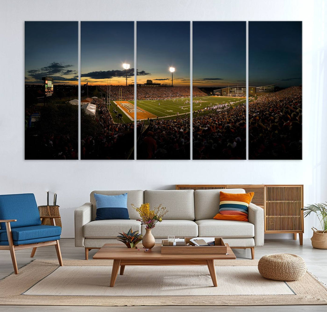 Ball State Cardinals Football Team Print - Muncie Scheumann Stadium Canvas featuring a sunset, floodlights, and lively crowd.