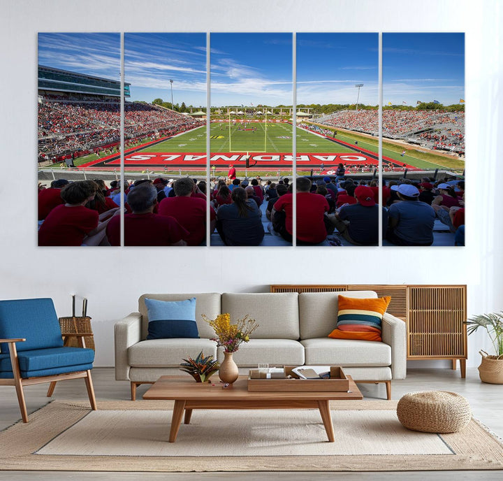 The Ball State Cardinals wall art on canvas depicts fans in red at Scheumann Stadium.