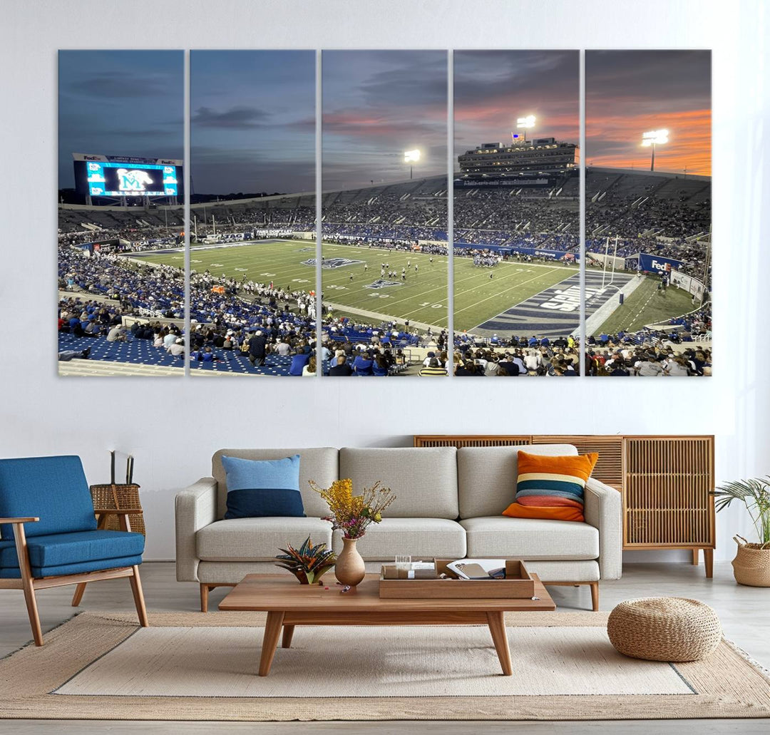 A Memphis Tigers football canvas print of Simmons Bank Liberty Stadium at sunset enhances the living room.