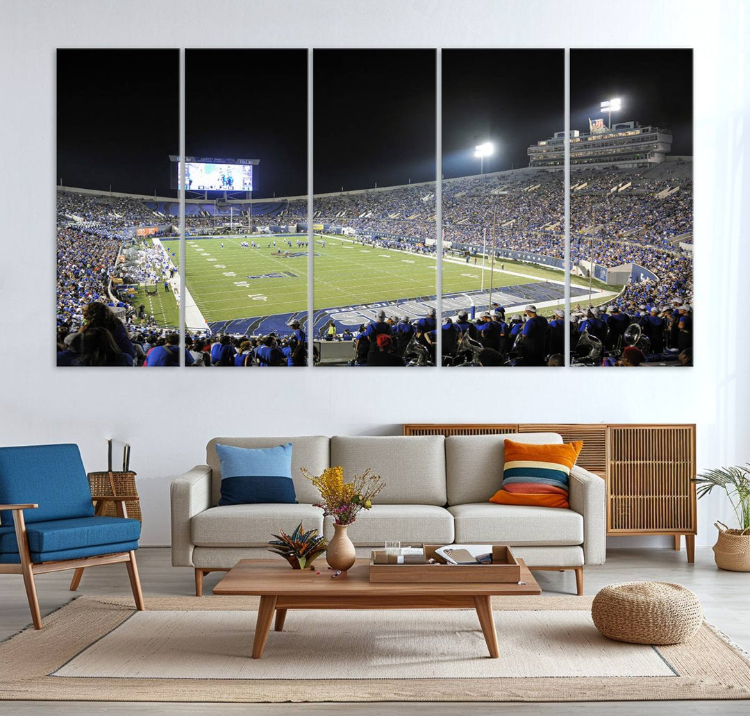 A vibrant depiction of Liberty Stadium at night, highlighting a Tigers football game on the large screen with stands filled with enthusiastic fans.