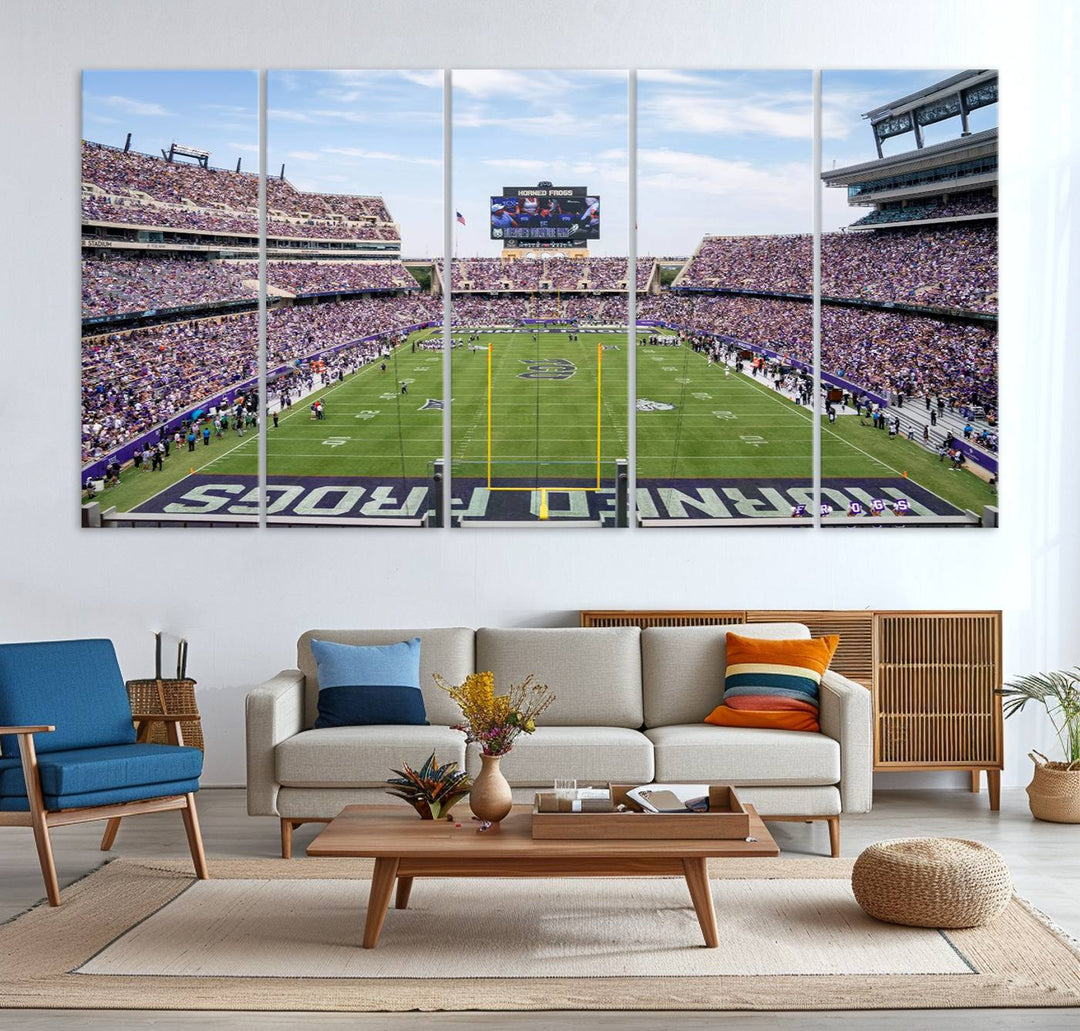 The TCU Horned Frogs print portrays a vibrant Amon G. Carter Stadium, filled with energy and game action.