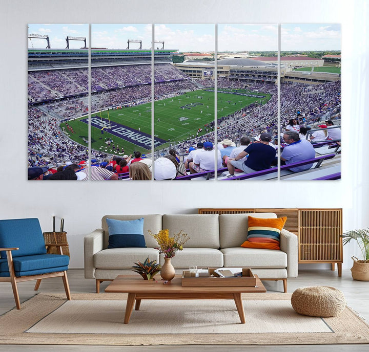 Amon G. Carter Stadium wall art canvas showcasing the TCU Horned Frogs and packed stands at Fort Worth.