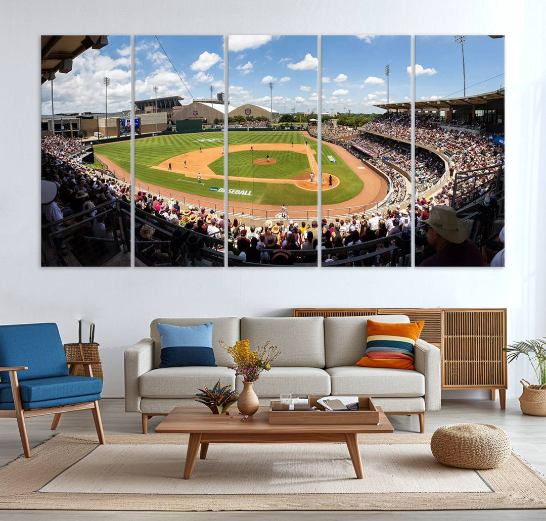 A baseball stadium under a blue sky, capturing the energy of The Texas A&M Aggies Athletics Kyle Field Wall Art.