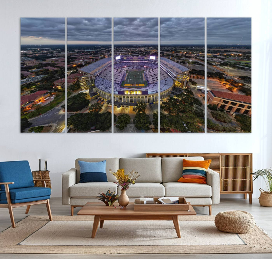 The LSU Tigers Football Team Baton Rouge Tiger Stadium Canvas is displayed prominently, capturing attention with its vivid depiction of the iconic stadium.