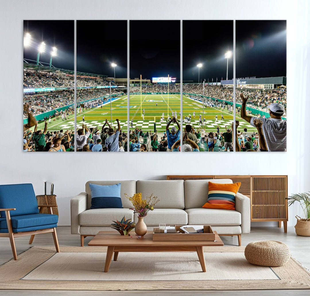 This vibrant wall art canvas print captures the excitement of fans cheering for the Tulane Green Wave Football Team under the lights of Yulman Stadium.