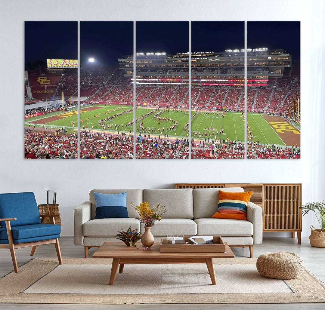 Canvas print depicting a packed stadium at night with a marching band forming USC, celebrating the Trojans at Los Angeles Memorial Coliseum.