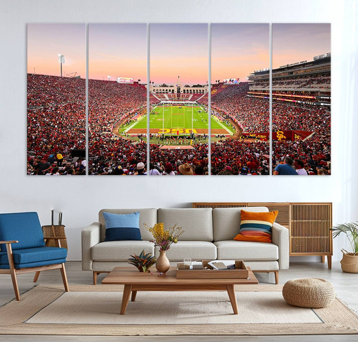 A USC Trojans wall art canvas print highlights the scene, depicting the Coliseum Stadium at sunset.