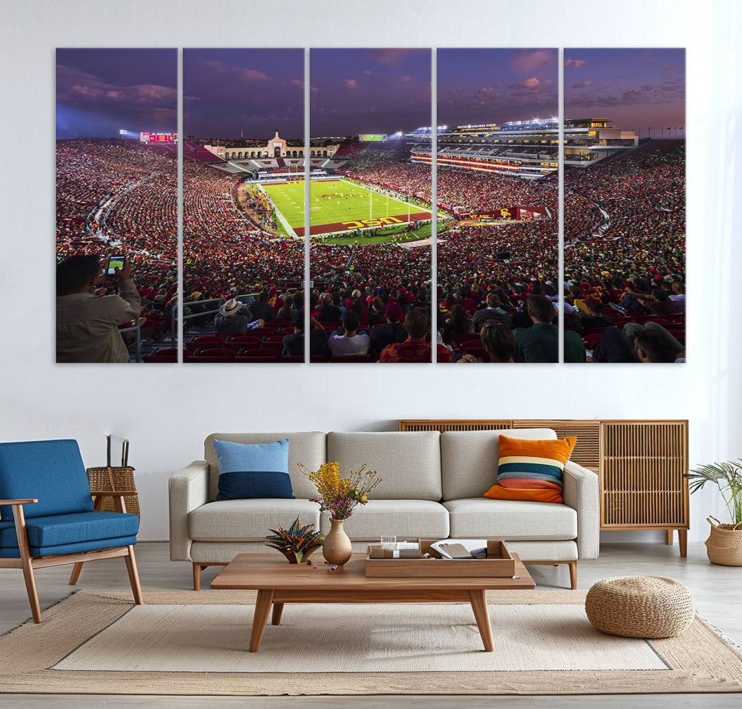 The vibrant wall art canvas print captures the USC Trojans playing under lights at dusk in LA Memorial Coliseum.