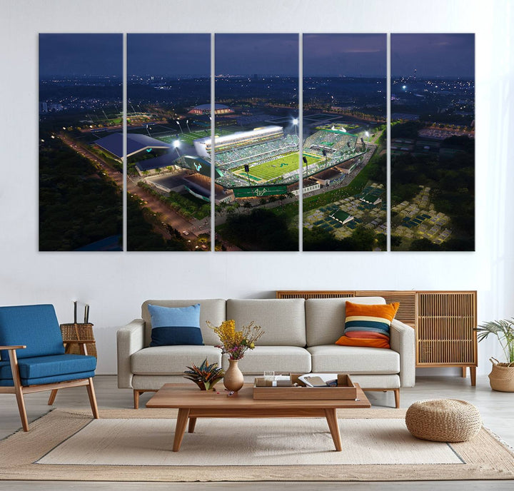 The USF Bulls Football Team Wall Art Canvas Print showcases the Tampa USF Football Stadium at night with city lights.