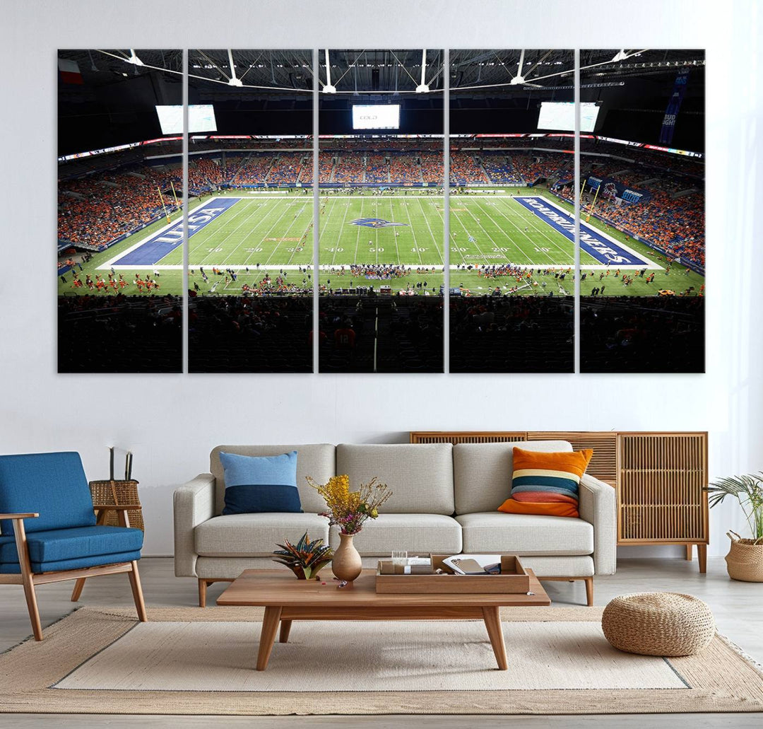 The UTSA Roadrunners game at Alamodome canvas print captures the scene from above, displaying fans and the UTSA lettering on the field.