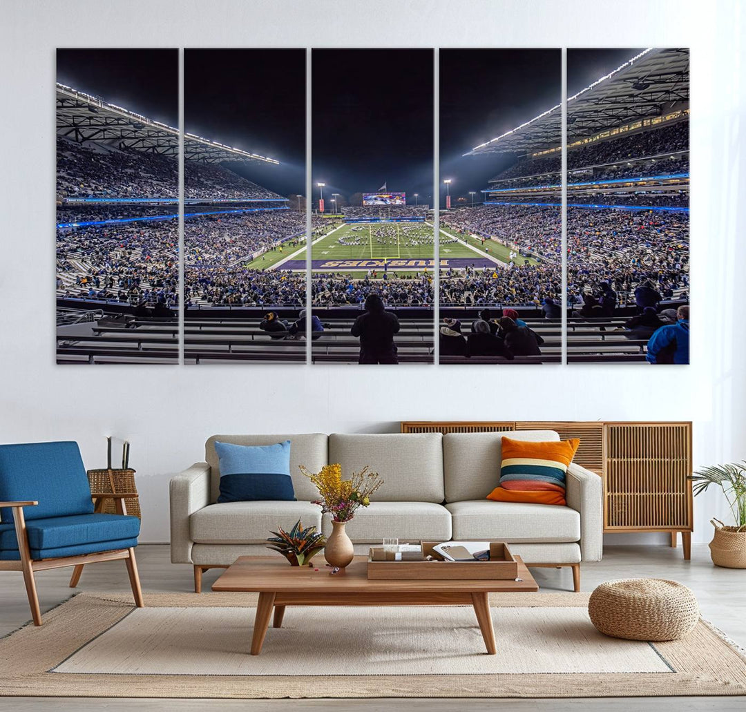 A canvas print titled The University of Washington Huskies Football depicts a packed Husky Stadium at night, as seen from the stands.