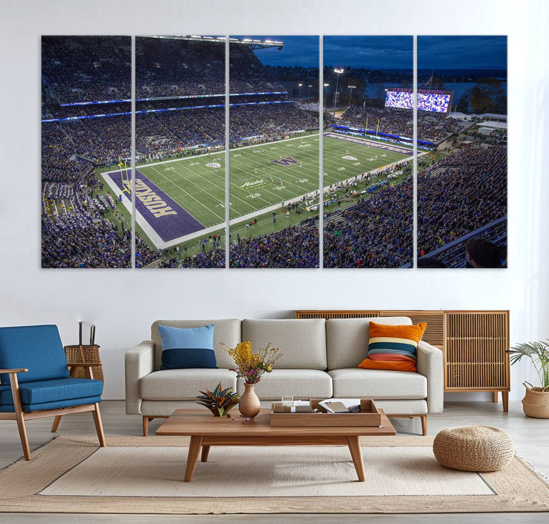 The University of Washington Huskies Football Team Print: Seattle Husky Stadium Wall Art Canvas captures a dusk stadium view.