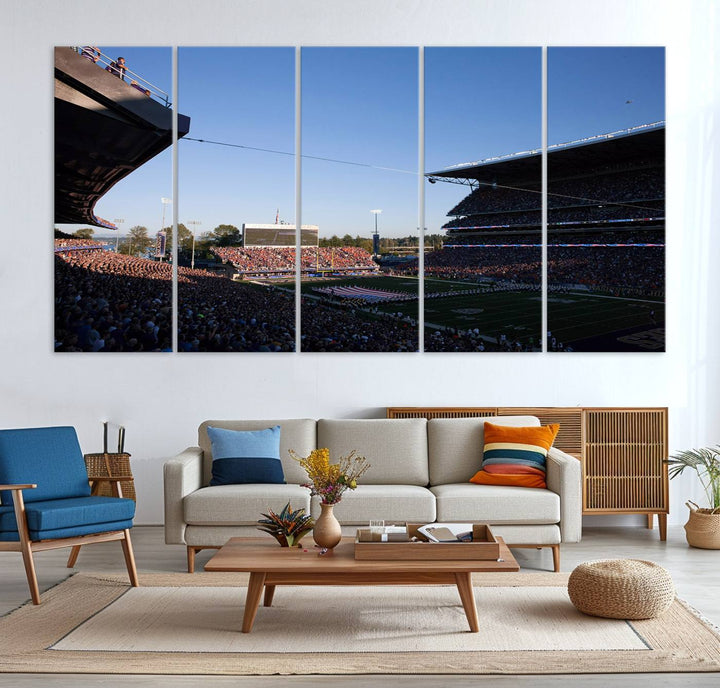 The University of Washington Huskies wall art print depicts Husky Stadium coming alive with fans as flags flutter.