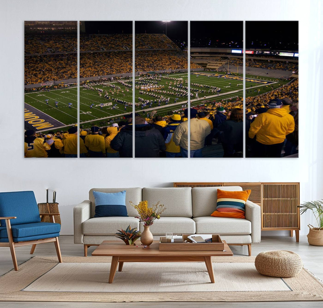 West Virginia Uni Mountaineers Football Team Print - Milan Puskar Stadium Canvas Print Wall Art, Morgantown Print