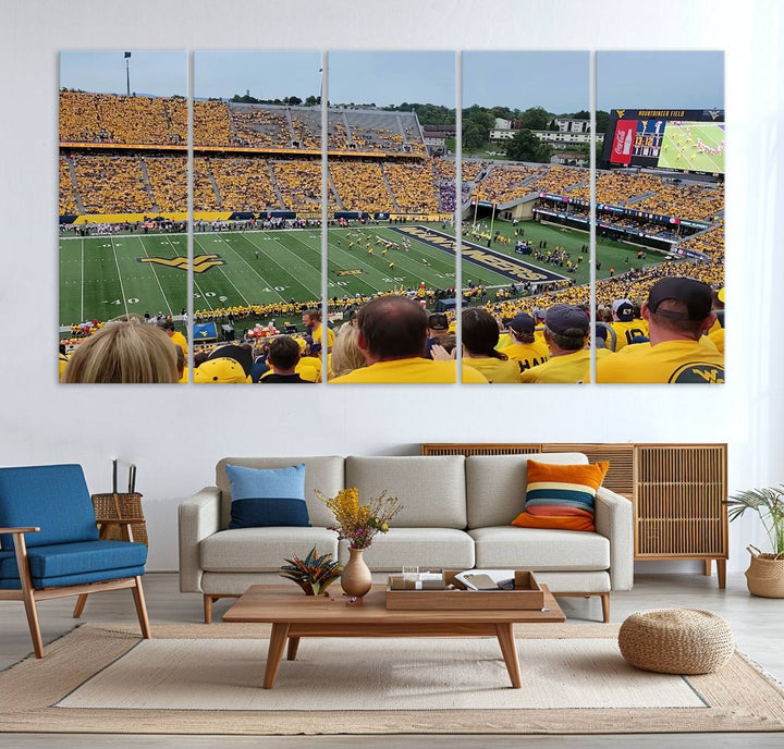 A Puskar Stadium canvas print decorates the modern living room shelf.